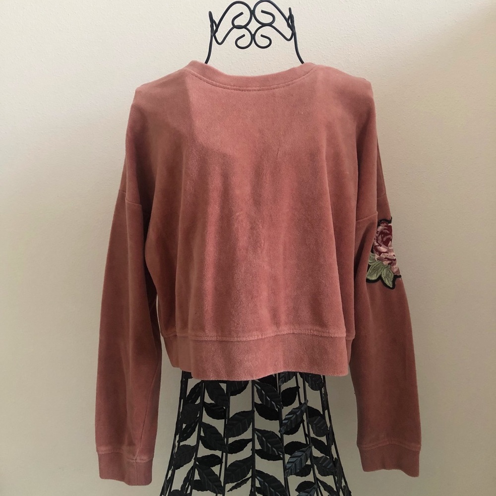 Rose Embroided Cropped Velvet Sweatshirt